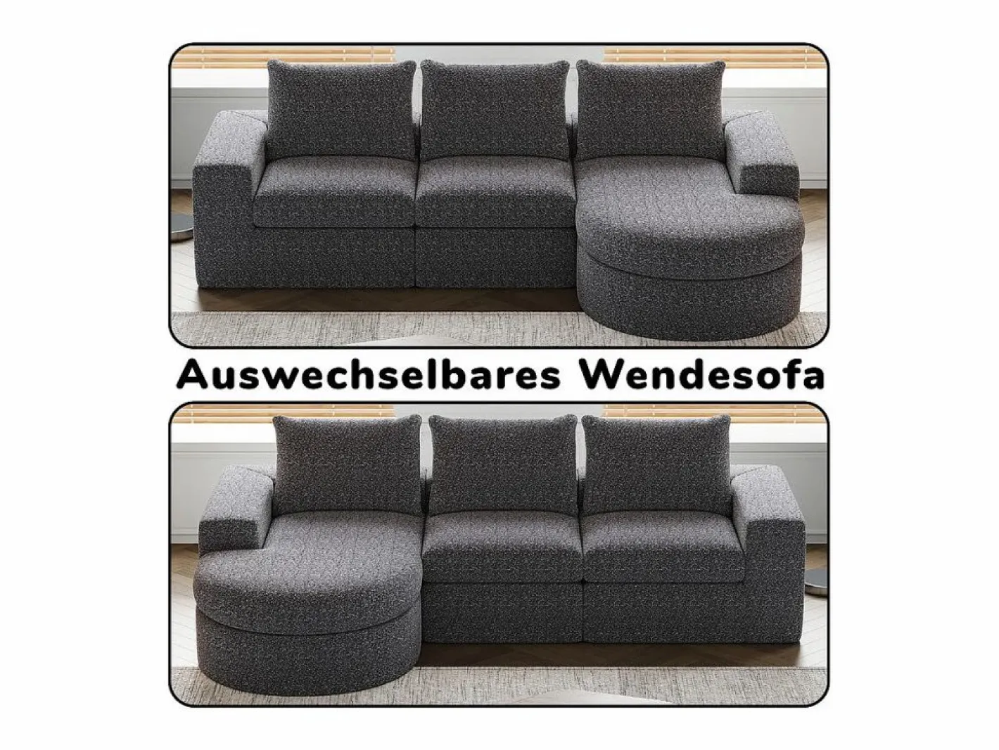 DripeX Sofá Esquinero Modular 3 Plazas, con Chaise Longue Curva Reversible, 3 Cojines y Almohadas Cervicales, Tejido Chenilla, Gris New