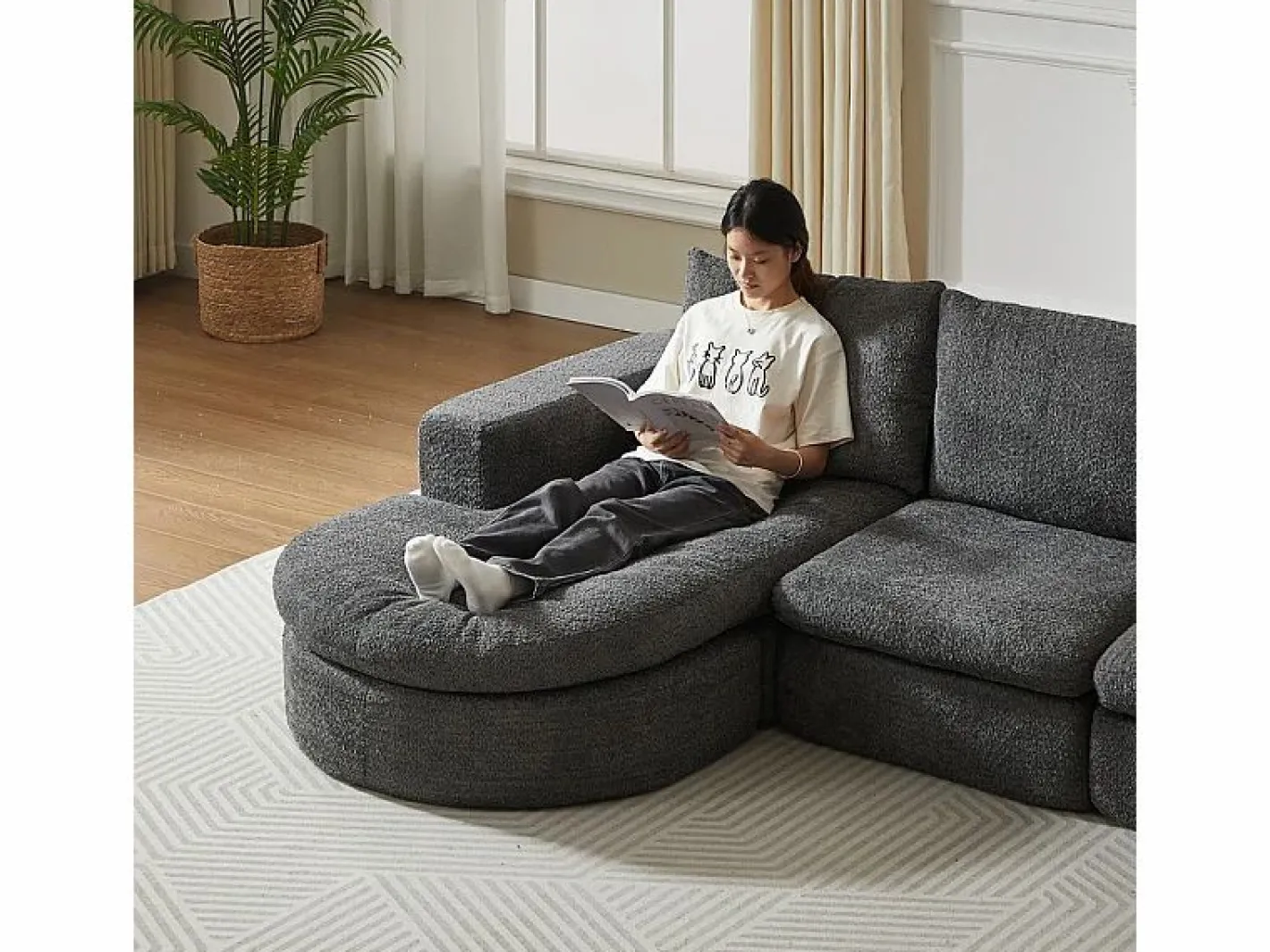 DripeX Sofá Esquinero Modular 3 Plazas, con Chaise Longue Curva Reversible, 3 Cojines y Almohadas Cervicales, Tejido Chenilla, Gris New