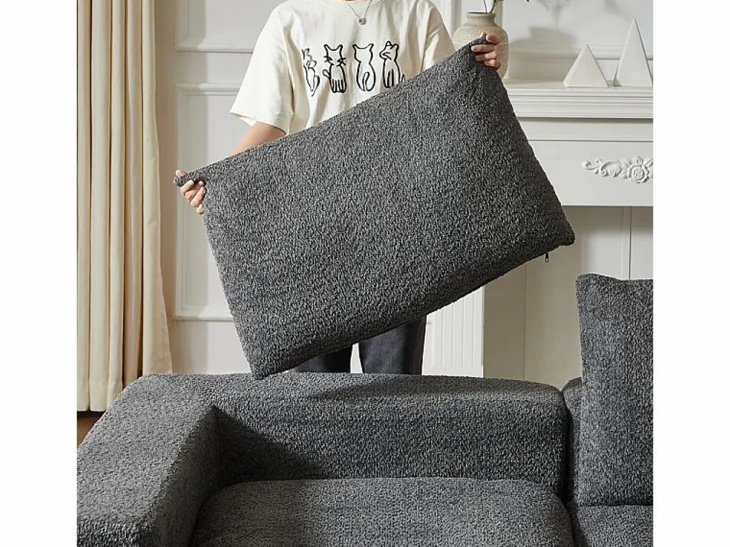 DripeX Sofá Esquinero Modular 3 Plazas, con Chaise Longue Curva Reversible, 3 Cojines y Almohadas Cervicales, Tejido Chenilla, Gris New