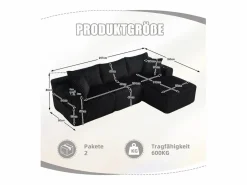 DripeX Sofá Esquinero Modular 3 Plazas, de Pana, con Portavasos, Cojines y Bolsillos Laterales, Chaise Longue 118cm, Negro Clearance