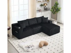 DripeX Sofá Esquinero Modular 3 Plazas, de Pana, con Portavasos, Cojines y Bolsillos Laterales, Chaise Longue 118cm, Negro Clearance