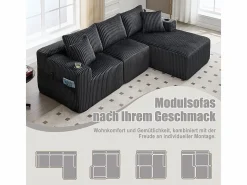 DripeX Sofás Club|Sofá Esquinero Modular 3 Plazas, de Pana, con Portavasos, Cojines y Bolsillos Laterales, Chaise Longue 118cm,