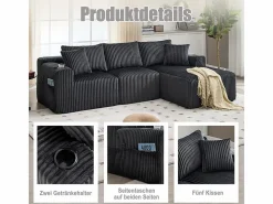 DripeX Sofás Club|Sofá Esquinero Modular 3 Plazas, de Pana, con Portavasos, Cojines y Bolsillos Laterales, Chaise Longue 118cm,