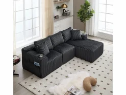 DripeX Sofás Club|Sofá Esquinero Modular 3 Plazas, de Pana, con Portavasos, Cojines y Bolsillos Laterales, Chaise Longue 118cm,