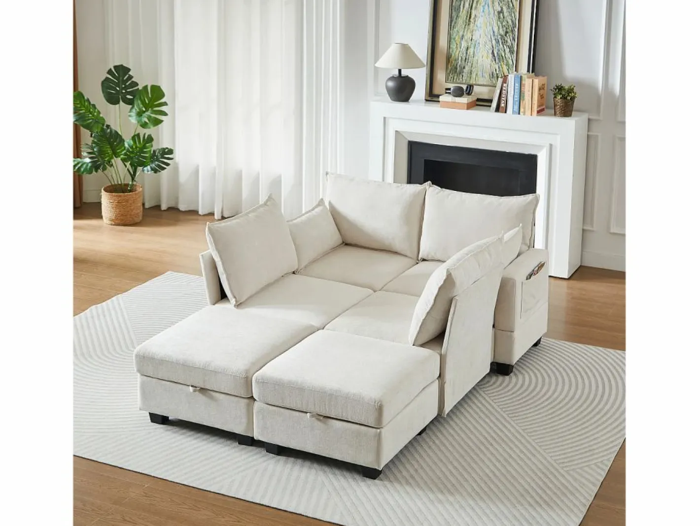 Hauss Spole Sofá esquinero modular de 6 plazas con 6 compartimentos de almacenaje - Tejido chenilla Beige New