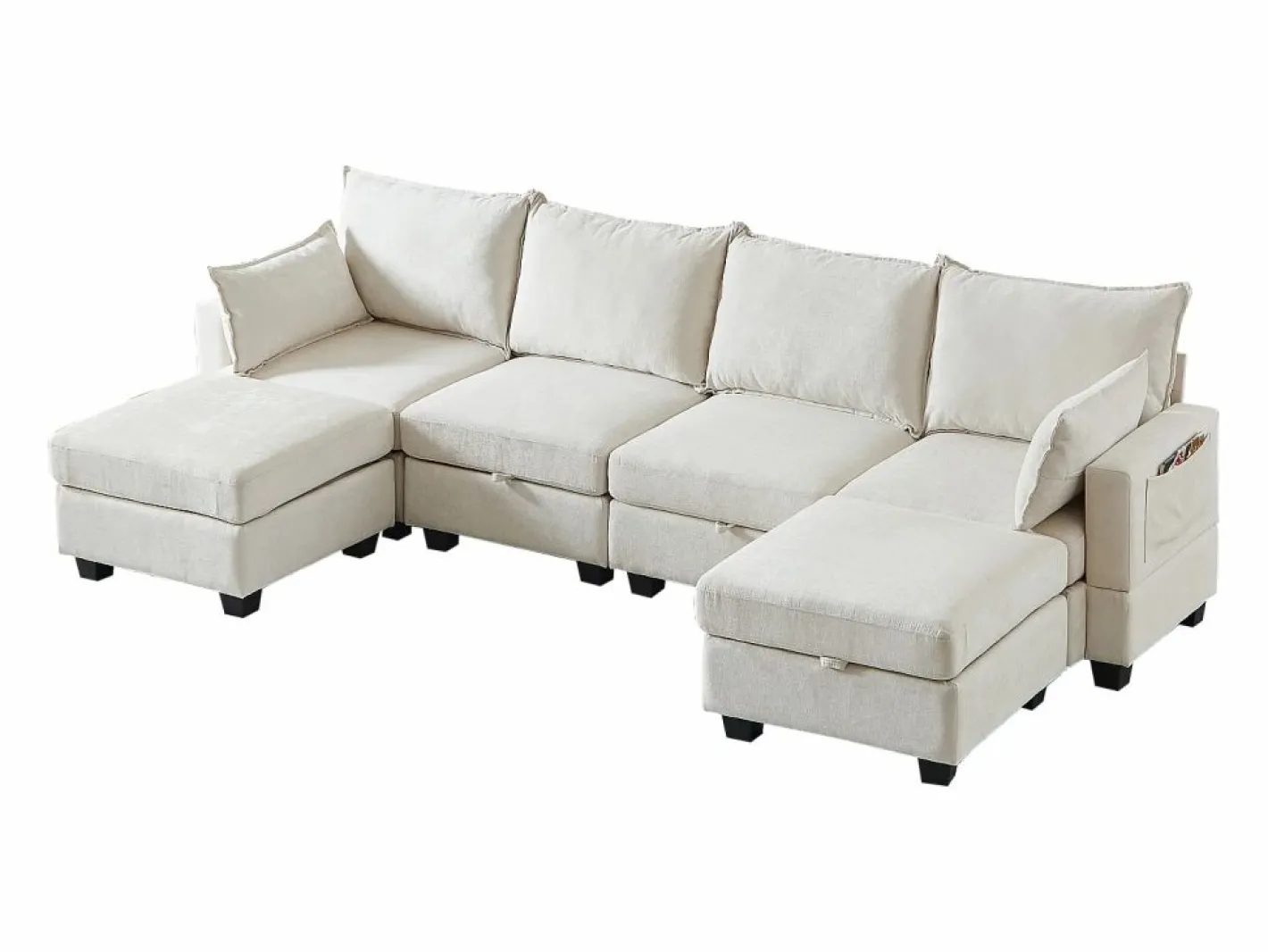 Hauss Spole Sofá esquinero modular de 6 plazas con 6 compartimentos de almacenaje - Tejido chenilla Beige New