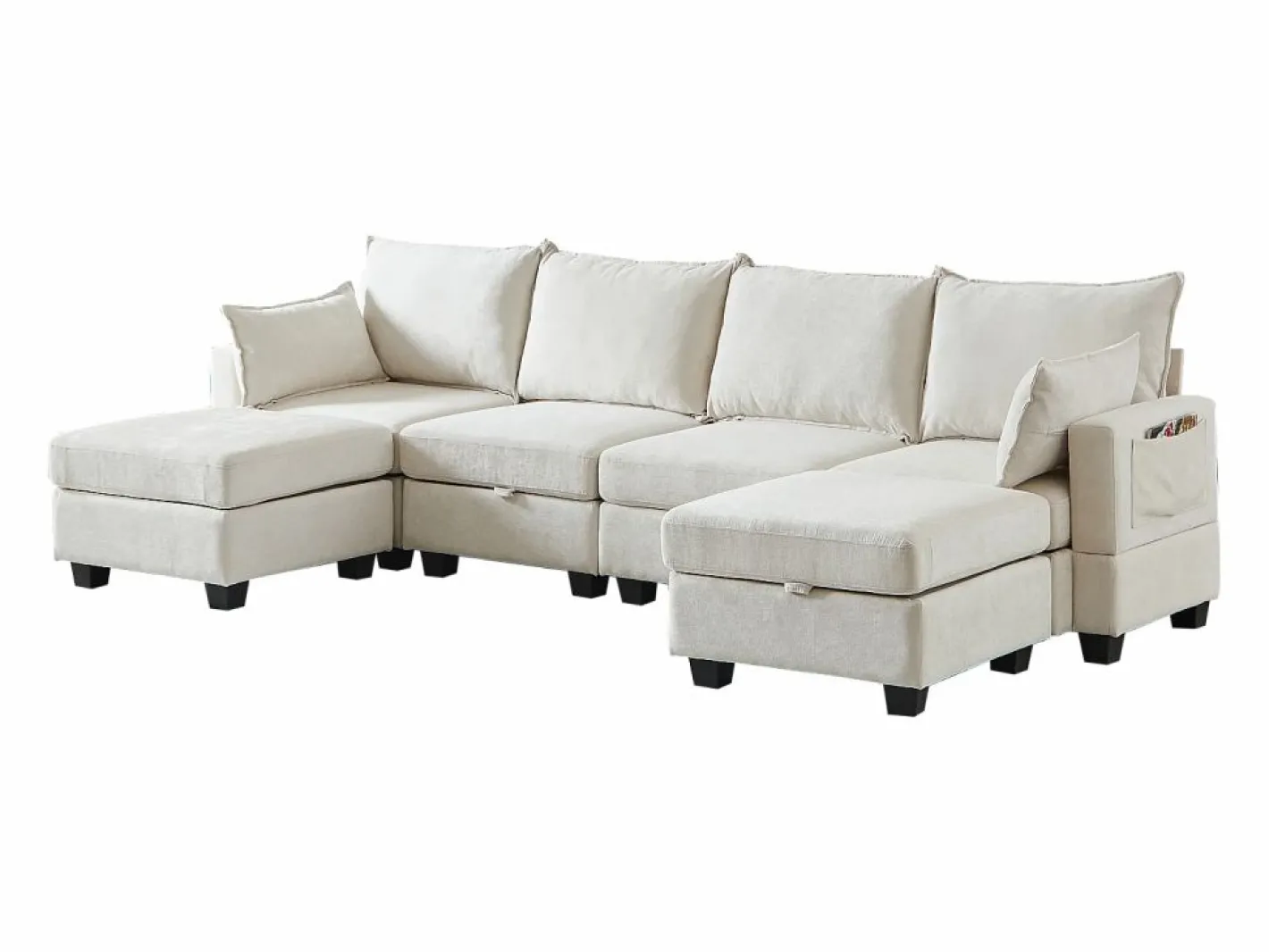 Hauss Spole Sofá esquinero modular de 6 plazas con 6 compartimentos de almacenaje - Tejido chenilla Beige New