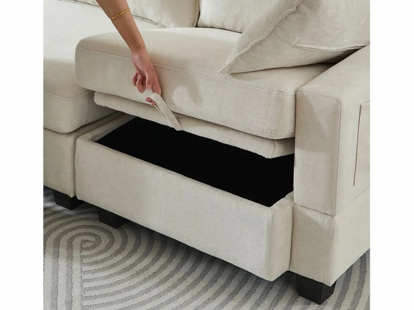 Hauss Spole Sofá esquinero modular de 6 plazas con 6 compartimentos de almacenaje - Tejido chenilla Beige New