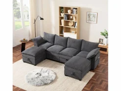 ModernLuxe Sofá moderno - 4 plazas - Reposapiés extraíble - Puertos USB - Compartimentos de almacenamiento + Portavasos - ​​​ Gris Discount