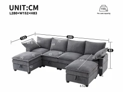 ModernLuxe Sofá moderno - 4 plazas - Reposapiés extraíble - Puertos USB - Compartimentos de almacenamiento + Portavasos - ​​​ Gris Discount