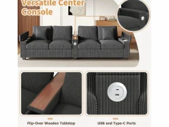 Sofá moderno de 4 plazas - 299 x 80 x 82,7 cm - con puerto USB, reposabrazos abatible y almacenamiento oculto - terciopelo -^Merax