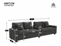 Sofá moderno de 4 plazas - 299 x 80 x 82,7 cm - con puerto USB, reposabrazos abatible y almacenamiento oculto - terciopelo -^Merax