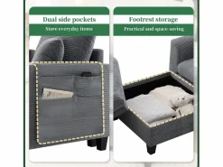 Merax Sofá - 4 Plazas|Sofá moderno de 4 plazas con reposapiés con almacenaje, 2 portavasos y puerto USB. Medidas: 229 x 149,5 x 83 cm. Tapizado en terciopelo .