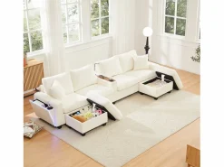ModernLuxe Sofá - 4 Plazas|Sofá moderno en forma de U - con USB, Type-C y lámpara de lectura - con luces LED en la puerta - con portavasos y 2 reposapiés - pana acanalada -