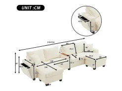 ModernLuxe Sofá - 4 Plazas|Sofá moderno en forma de U - con USB, Type-C y lámpara de lectura - con luces LED en la puerta - con portavasos y 2 reposapiés - pana acanalada -