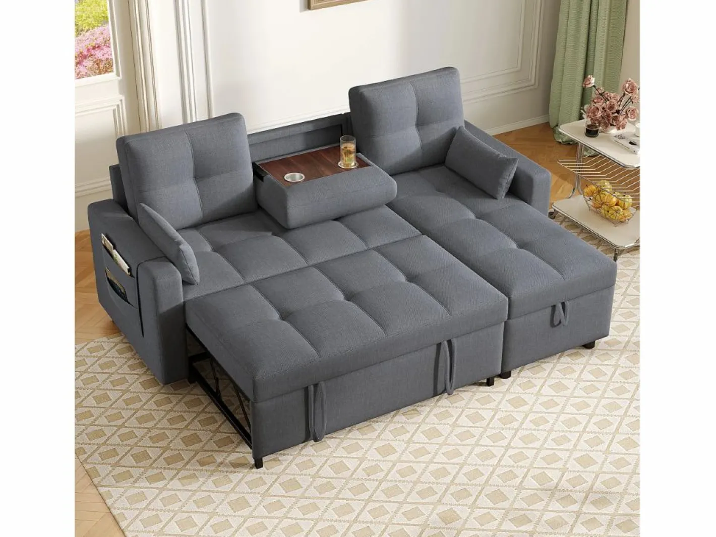 Sofá moderno en L - Sofá cama modular - Función de cama - Con almacenamiento - Con portavasos -^ModernLuxe Hot