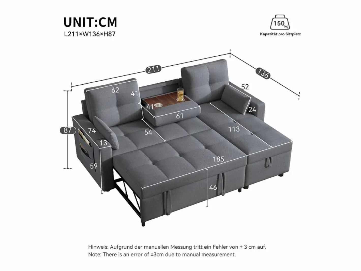 Sofá moderno en L - Sofá cama modular - Función de cama - Con almacenamiento - Con portavasos -^ModernLuxe Hot