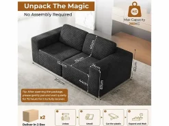 DripeX Sofá Modular 2 plazas en Pana, con 2 cojines, 202x101x82cm, Negro New