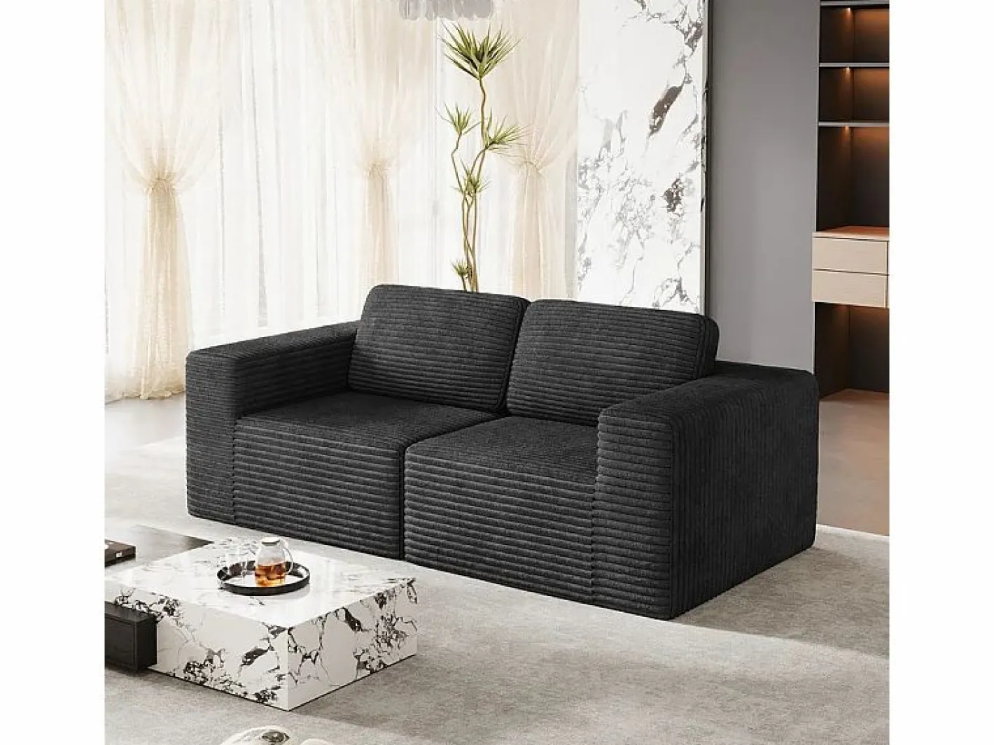 DripeX Sofá Modular 2 plazas en Pana, con 2 cojines, 202x101x82cm, Negro New