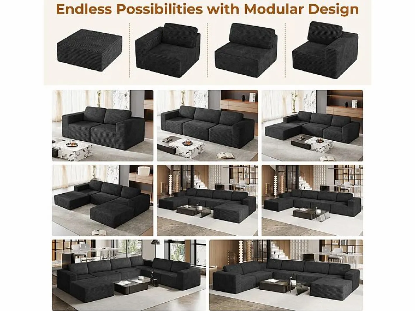 DripeX Sofá Modular 2 plazas en Pana, con 2 cojines, 202x101x82cm, Negro New