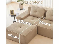 DripeX Sofá Modular 2 plazas en Pana, con otomana y 2 cojines, 204x177x69cm, Beige Hot