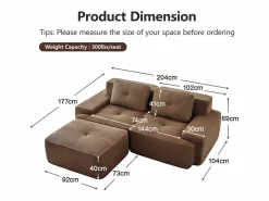 DripeX Sofá Modular 2 plazas en Pana, con otomana y 2 cojines, 204x177x69cm, Marrón Marru00f3n New
