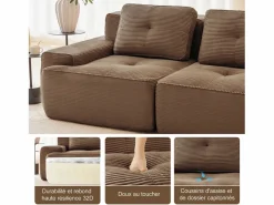 DripeX Sofá Modular 2 plazas en Pana, con otomana y 2 cojines, 204x177x69cm, Marrón Marru00f3n New