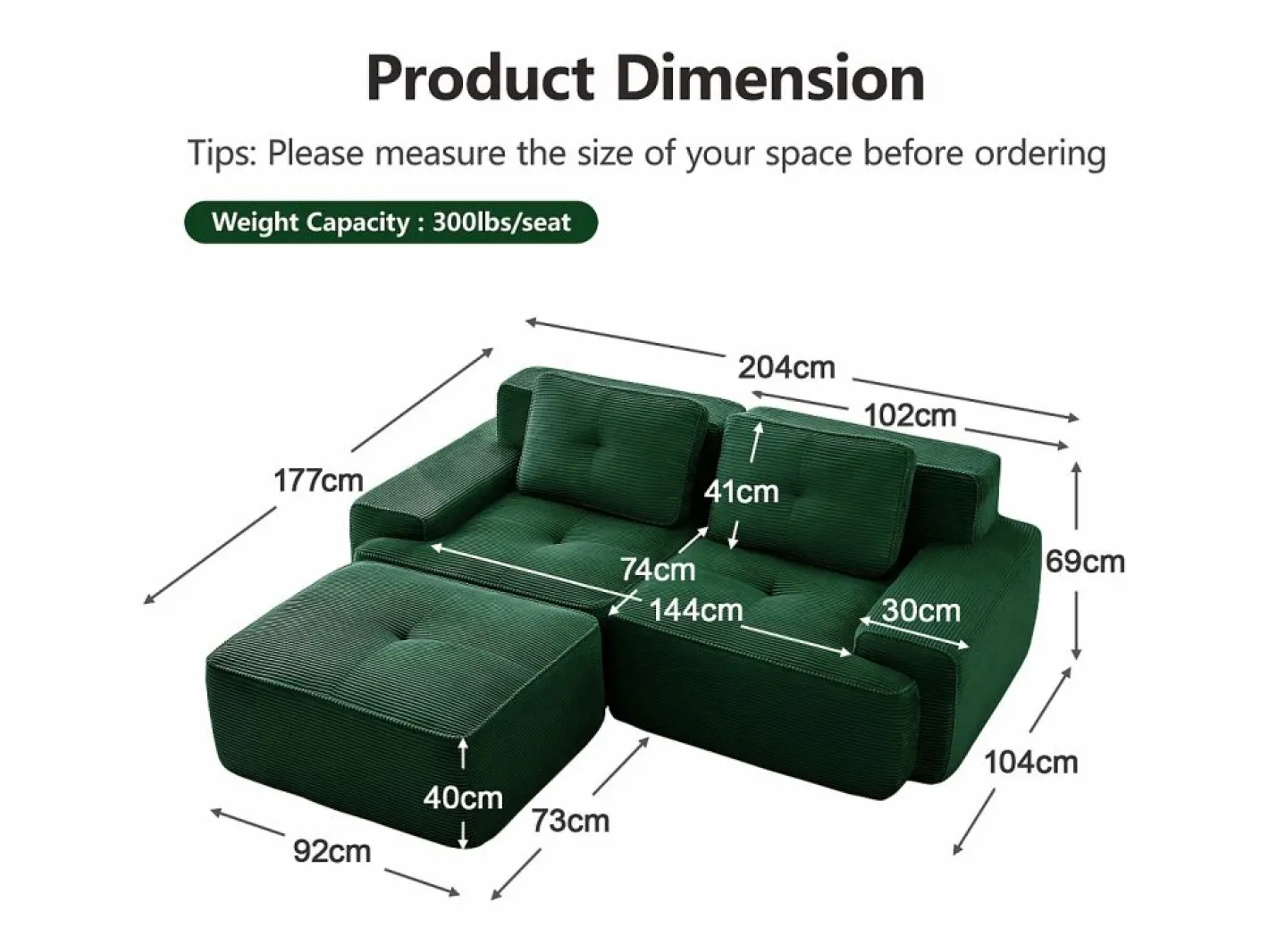 DripeX Sofá Modular|Sofás Club|Sofá Modular 2 plazas en Pana, con otomana y 2 cojines, 204x177x69cm,