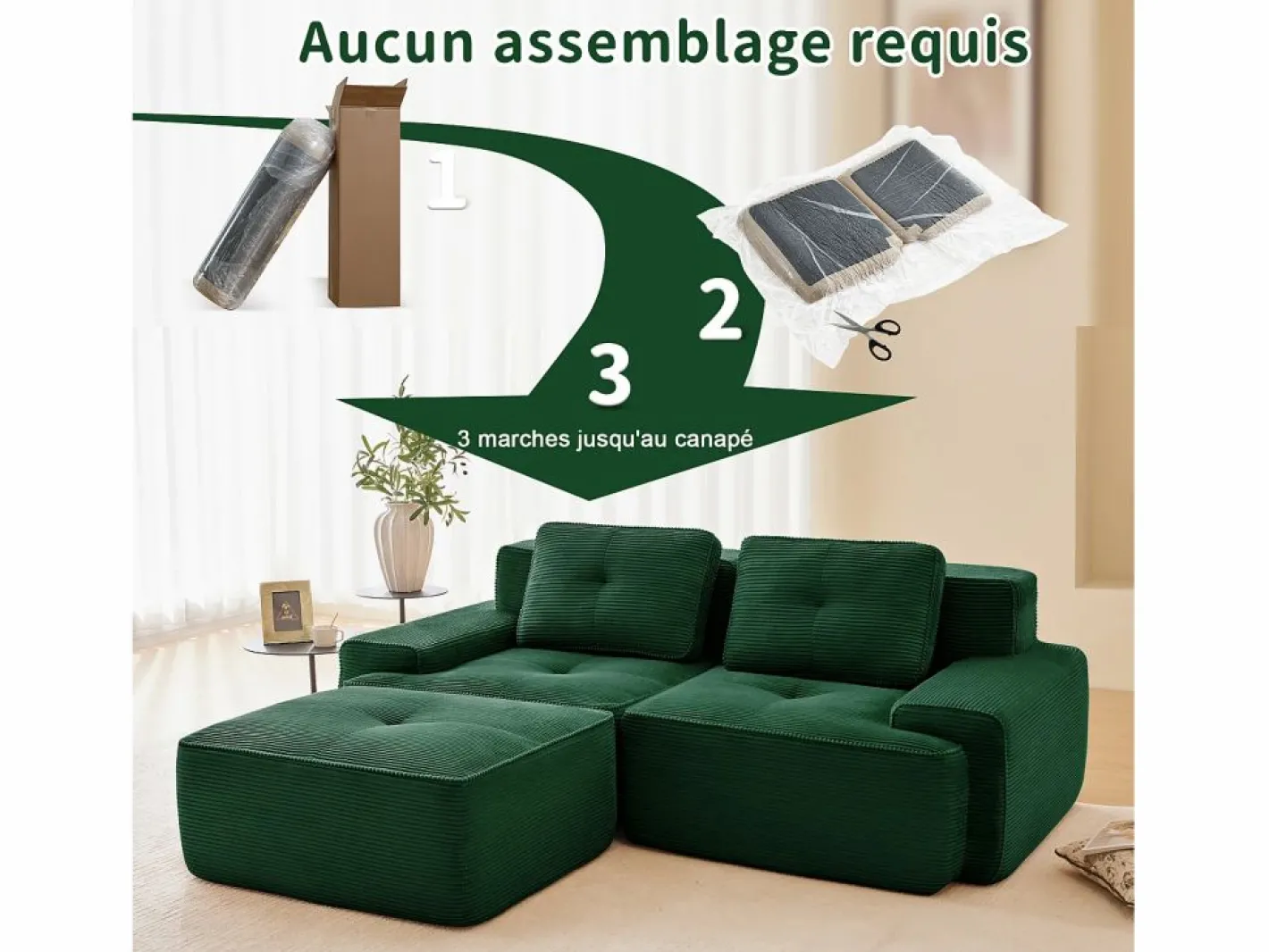 DripeX Sofá Modular|Sofás Club|Sofá Modular 2 plazas en Pana, con otomana y 2 cojines, 204x177x69cm,