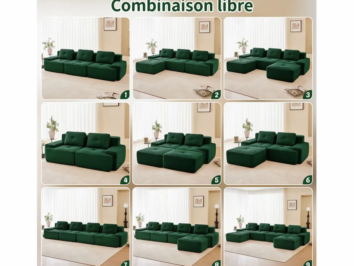 DripeX Sofá Modular|Sofás Club|Sofá Modular 2 plazas en Pana, con otomana y 2 cojines, 204x177x69cm,