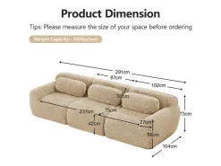 Sofá Modular 3 plazas en tela peluche, con 3 cojines, sin estructura, 291x104x73cm,^DripeX