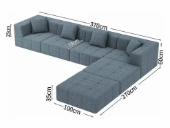 DripeX Sofá modular 4 plazas ángulo tela - 4 orejeros y 2 pufs - - 370x200x60cm Gris