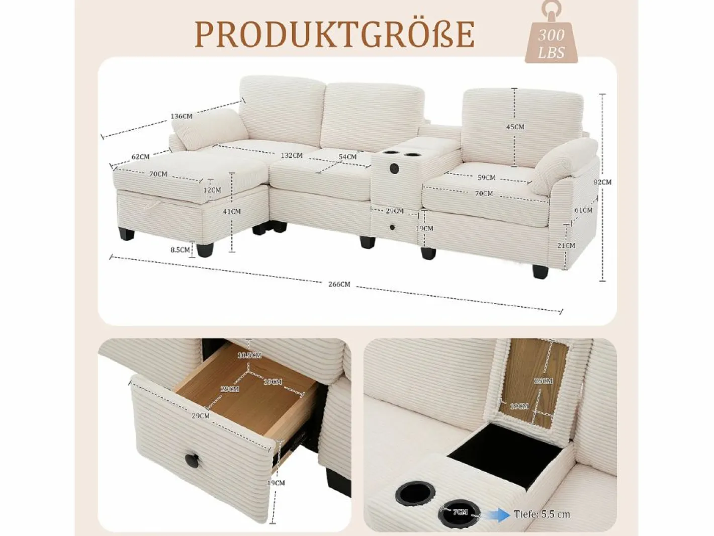 Sofá modular Amplio para familia estructura resistente asientos profundos pana Beige Clearance
