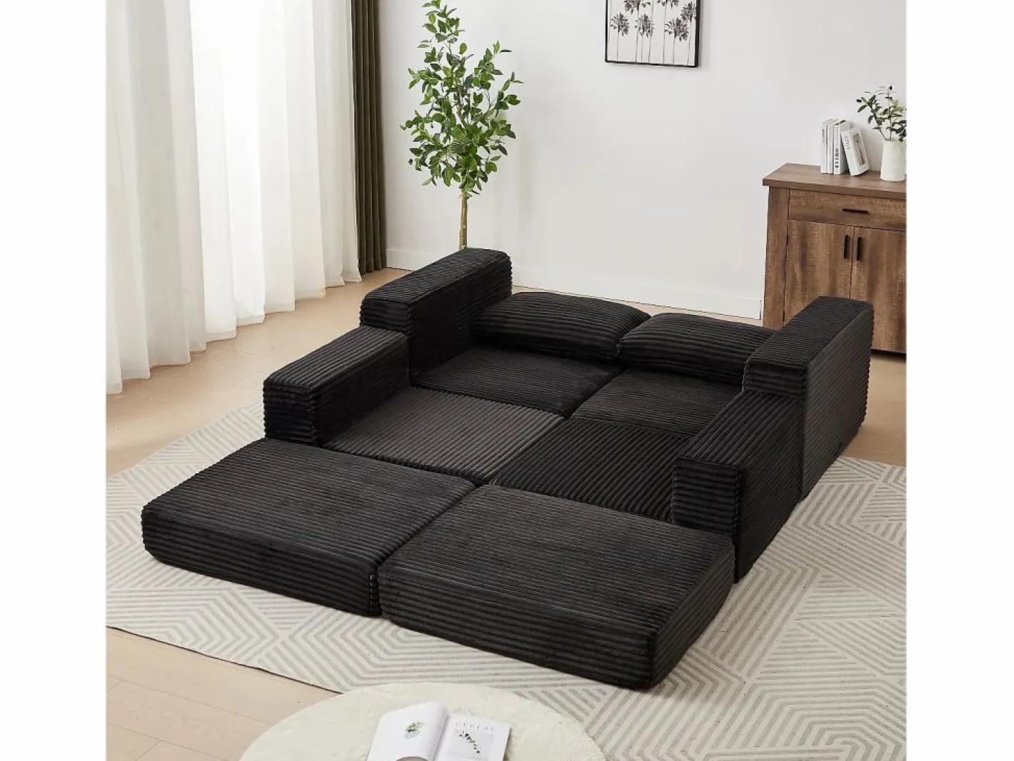 Hauss Spole Sofá Modular|Sofá modular convertible de 2 plazas con otomanas extraíbles - Pana negra