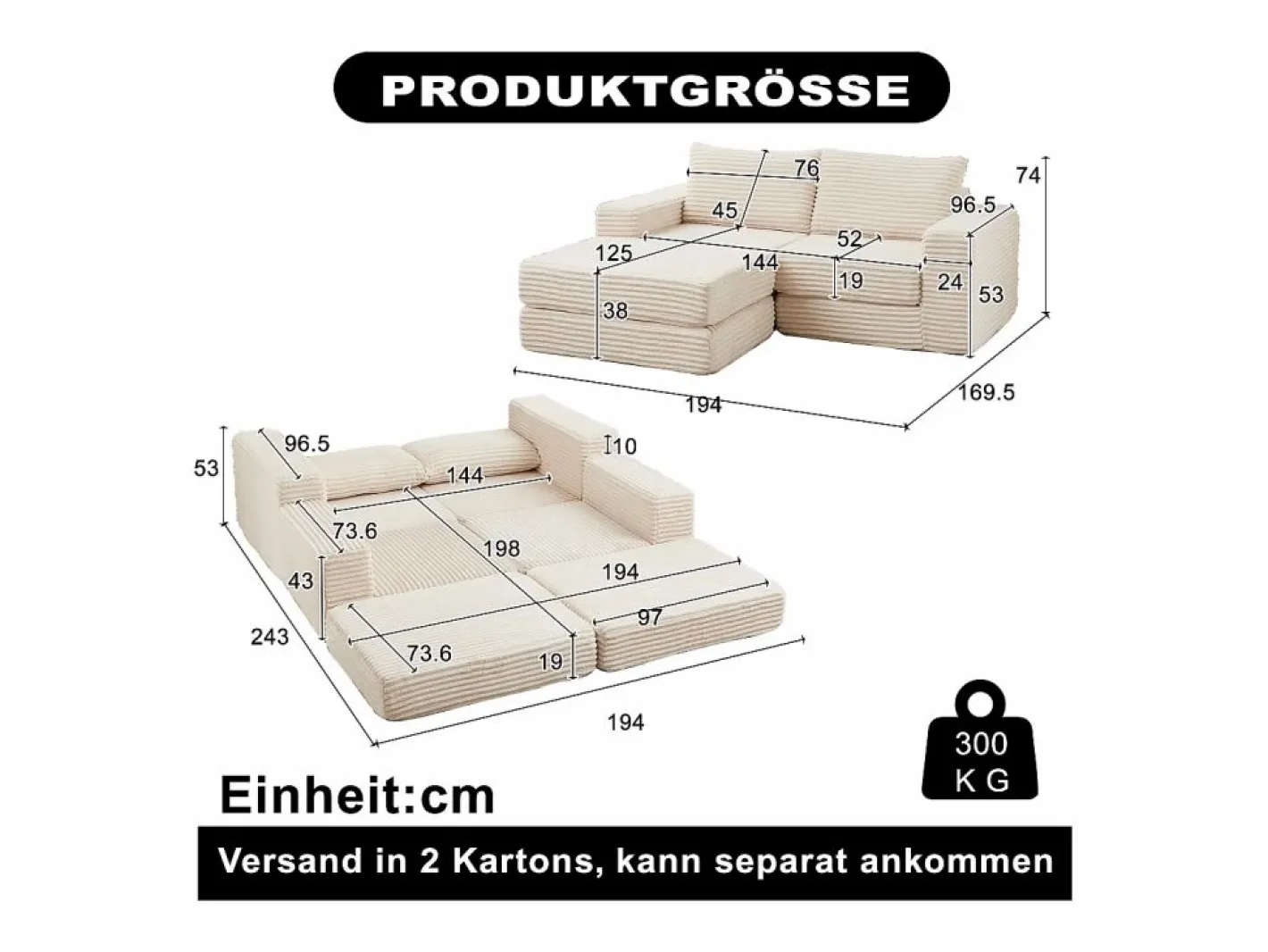 Hauss Spole Sofá modular convertible de 2 plazas con otomanas extraíbles - Pana Beige New