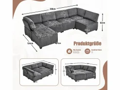 DripeX Sofá modular convertible en terciopelo - 6 plazas - ergonómico - con bolsillos de almacenamiento - 308x154x82cm Gris