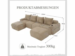 Sofá modular de 4 plazas - 333 x 174 x 80 cm - con 2 pufs + portavasos + bolsillo de almacenamiento - terciopelo -^Merax Hot