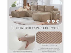 Sofá modular de 4 plazas - 333 x 174 x 80 cm - con 2 pufs + portavasos + bolsillo de almacenamiento - terciopelo -^Merax Hot