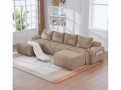 Sofá modular de 4 plazas - 333 x 174 x 80 cm - con 2 pufs + portavasos + bolsillo de almacenamiento - terciopelo -^Merax Hot