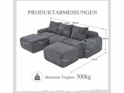 Merax Sofá Modular|Sofá modular de 3 plazas - 268 x 174 x 80 cm - con 2 pufs + portavasos + bolsillo de almacenamiento - terciopelo - oscuro