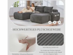 Merax Sofá Modular|Sofá modular de 3 plazas - 268 x 174 x 80 cm - con 2 pufs + portavasos + bolsillo de almacenamiento - terciopelo - oscuro