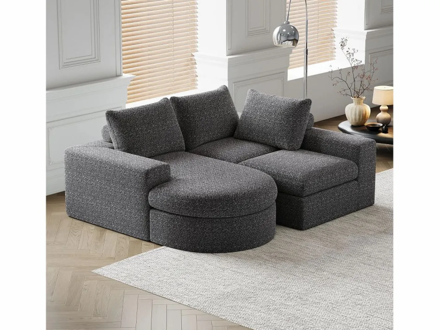 OKWISH Sofá Modular|Sofá modular de 3 plazas en tela de chenilla con chaise longue redondeada - Respaldo acolchado