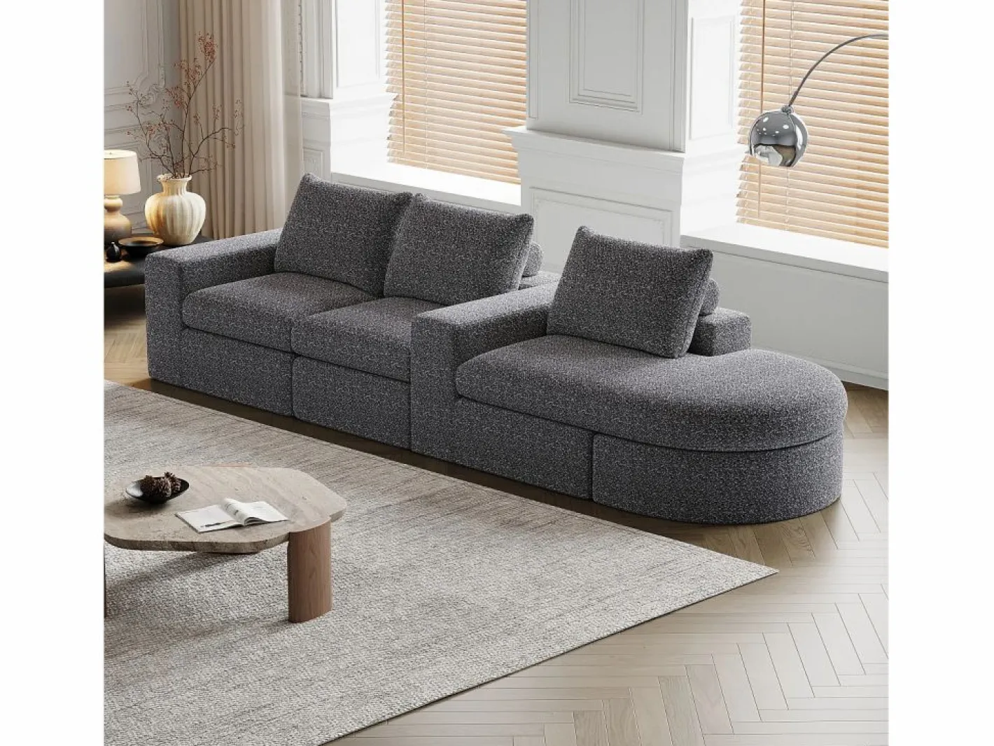 OKWISH Sofá Modular|Sofá modular de 3 plazas en tela de chenilla con chaise longue redondeada - Respaldo acolchado