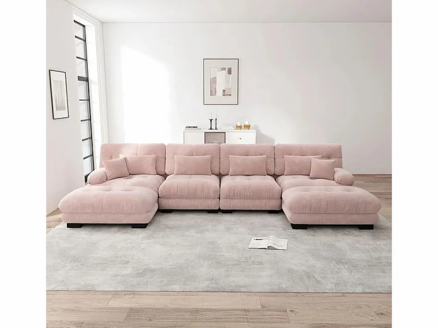 DripeX Sofá modular esquina 4 plazas - con 2 pouf y 6 cojines - DIY forma U/L - 406x145x81cm - Rosa Discount