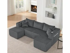 DripeX Sofá modular ángulo terciopelo acanalado, 2 pufs, portavasos y cojines, , 230x138x75cm Gris New