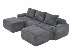 DripeX Sofá modular ángulo terciopelo acanalado, portavasos, 2 pufs y 3 cojines, 268x174x80cm, Gris antracita Best