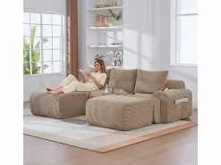DripeX Sofá modular ángulo terciopelo acanalado, portavasos, 2 pufs y 3 cojines, 268x174x80cm, Caqui Online
