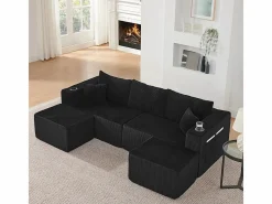 DripeX Sofá Modular|Sofás Club|Sofá modular ángulo terciopelo acanalado, 2 pufs, portavasos y cojines, , 230x138x75cm