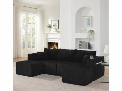 DripeX Sofá Modular|Sofás Club|Sofá modular ángulo terciopelo acanalado, 2 pufs, portavasos y cojines, , 230x138x75cm