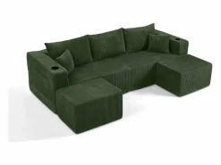 DripeX Sofás Club|Sofá modular ángulo terciopelo acanalado, 2 pufs, portavasos y cojines, , 230x138x75cm